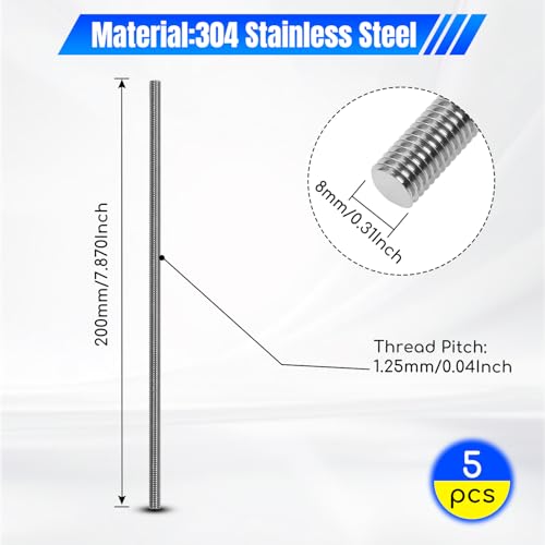 M8-1.25 x 200mm Fully Threaded Rod, 304 Stainless Steel All Thread Stud, High Strength Corrosion Resistant for Furniture, Machinery, DIY Projects（5 Pack） M8