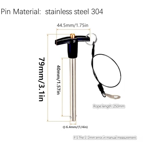 Stainless Steel 304 T Handle Lock Pins Push-Button Quick Release Pin, Pin Dia 1/4in(6.4MM). Clamping Length 40mm(1.57in) with Lanyard Cable (2pcs) 2