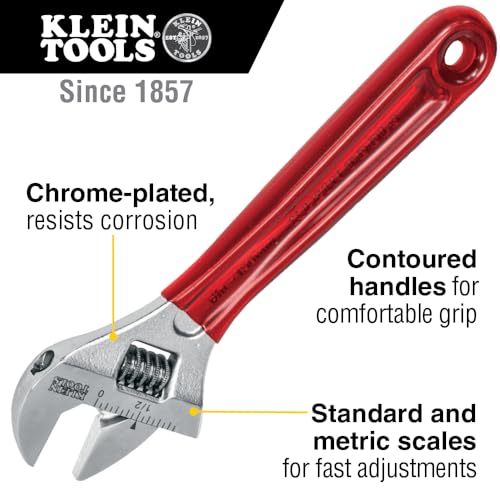 Klein Tools D507-6 Adjustable Wrench, Extra Capacity Jaw Forged Drive Wrench with High Polish Chrome Finish, 6-1/2-Inch Dipped Handle, 6-Inch