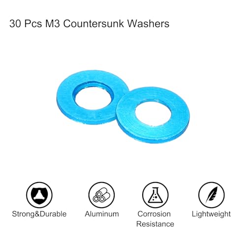 MECCANIXITY 30pcs M3 Flat Washer Aluminum Gasket Anodized Countersunk Washer,Hole Dia 3mm/0.12" Round Washers for Screw RC/FPV/PC/Drone/Mechanical Accessories Model Parts,(Light Blue) Light Blue 30