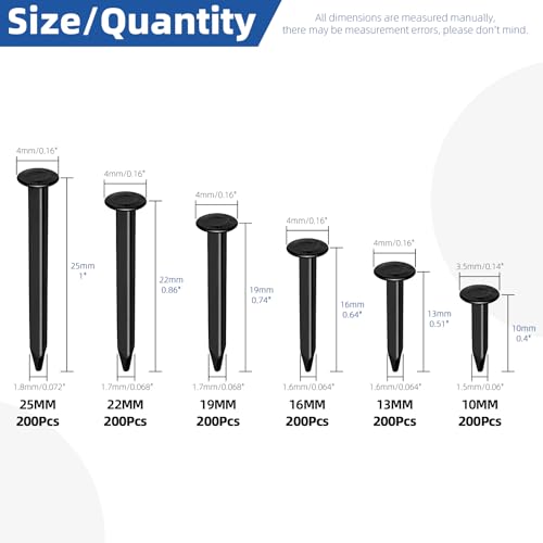 Glarks 1200pcs Shoe Repair Nails Tacks 3/8’’(10MM) 1/2’’(13MM) 5/8’’(16MM) 3/4’’(19MM) 7/8’’(22MM) 1’’(25MM) Replacement Heels Nails Tacks for Boots Furniture Nails Tacks Shoe Repair Tools