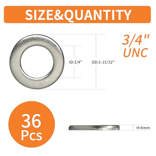 3/4" x 1-15/32" (OD) Flat Washers (36pcs), 304 Stainless Steel (18-8), SAE Standard Size, Hardware, ASME B18.22.1 3/4"