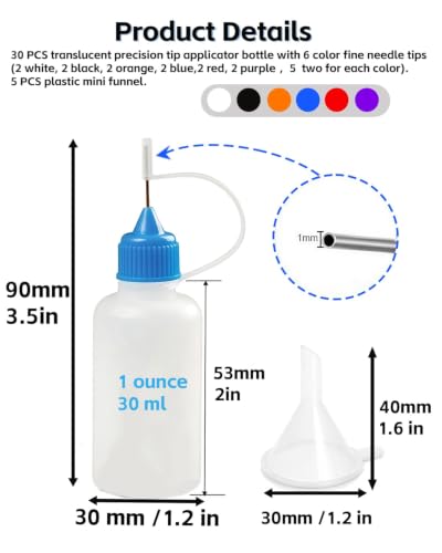 LJY 30 Needle Tip Squeeze Bottles, 1 oz, 5 Funnels for Paint, Ink and Oil