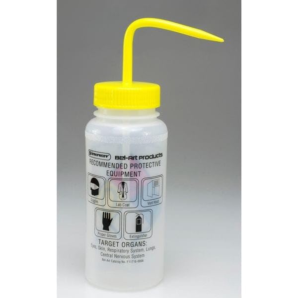 SP Bel-Art Safety-Labeled 4-Color Isopropanol Wide-Mouth Wash Bottles; 500ml (16oz), Polyethylene w/Yellow Polypropylene Cap Rinse Bottle (F11716-0008) (Pack of 4) Made in USA