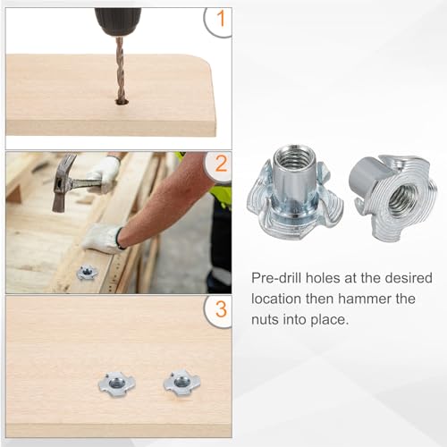 HARFINGTON M5x10mm T-Nuts 4 Pronged Tee Nut 0.57" x 0.39" Fully Thread Carbon Steel Inserts for Wood, Rock Climbing Holds, Cabinetry, Furniture 100pcs M5x10mm, 14.5mm