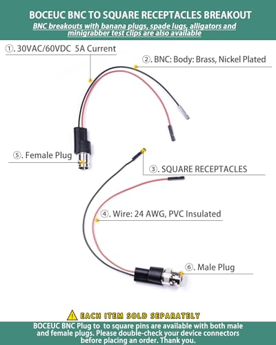 BNC Test Leads, BNC (F) to Square Pin Receptacles, Test Lead Breakout Cable for Multimeter, 5A Current Rating, 2 Pack Female Plug (Pack of 2)