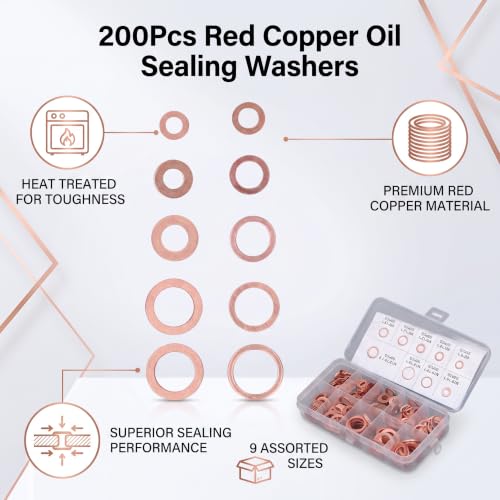 Copper Oil Drain Washers Kit, High-Temp Red Sealing Gaskets, 200Pcs 9-Size Assortment for Automotive Engine Oil Changes