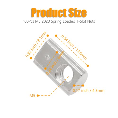 100Pcs M5 Spring T Nut 2020 Extrusion Slot 6mm Nickel Plated 100 Pack 2020 Series M5