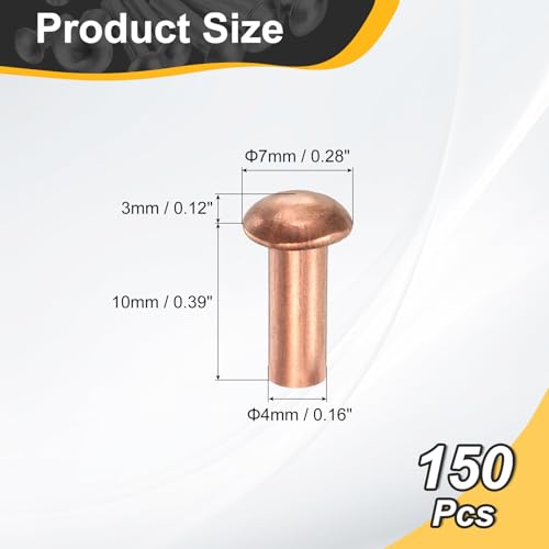 uxcell 150 Pcs Copper Solid Rivets, 0.16"x0.39" Half Round Head Rivet Metal Fasteners for Electrical Applications, Leather DIY Craft Supplies (M4x10) 0.16"x0.39"