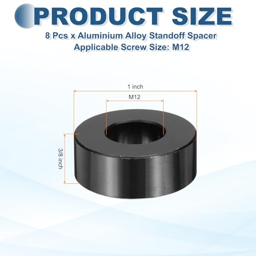 MECCANIXITY 8pcs M12 Metal Spacers, M12 x 1" OD x 3/8" L Aluminium Spacer Round Unthreaded Standoff Bushing Plain Finish for Screw Bolts, Black M12 x 1" x 3/8"