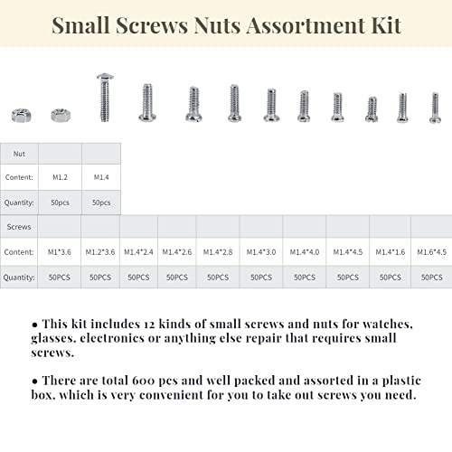 Hilitand 600Pcs 12 Kinds of Small Flat Head Screws with Nuts Assortment Kits for Watches Electric appliances Fasteners (Size M1 M1.2 M1.4 M1.6)