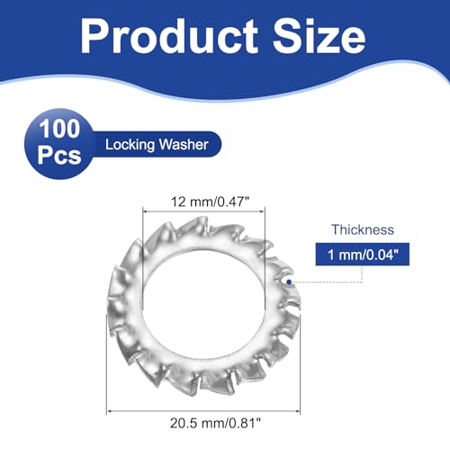 uxcell 100 Pcs 304 Stainless Steel External Tooth Lock Washers, M12 Star Locking Washer Serrated Washer for Screw Bolt Mechanical Equipment Fasteners, Silver