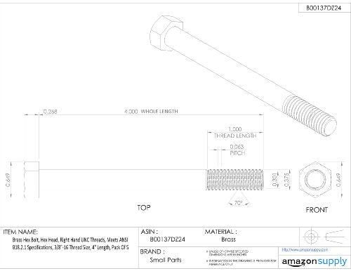 Small Parts Brass Hex Bolt, Plain Finish, Hex Head, External Hex Drive, Meets ASME B18.2.1, 3-1/2" Length, Partially Threaded, 3/8"-16 UNC Threads (Pack of 5) #10-12 3 1/2 Inches