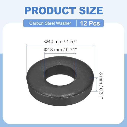 MECCANIXITY 12pcs Black Flat Washer for M18 Screw, Steel Metal Washers 18mm ID 40mm OD 8mm Length for Industrial, Screws Bolts M18 x 40mm x 8mm