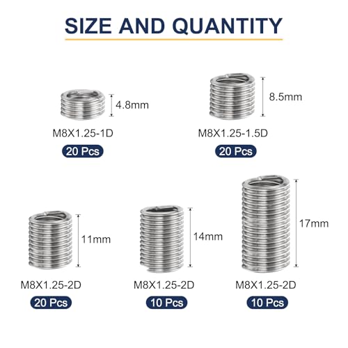 uxcell 80pcs Wire Thread Insert Kit M8 x 1.25 (1D-3D) 304 Stainless Steel