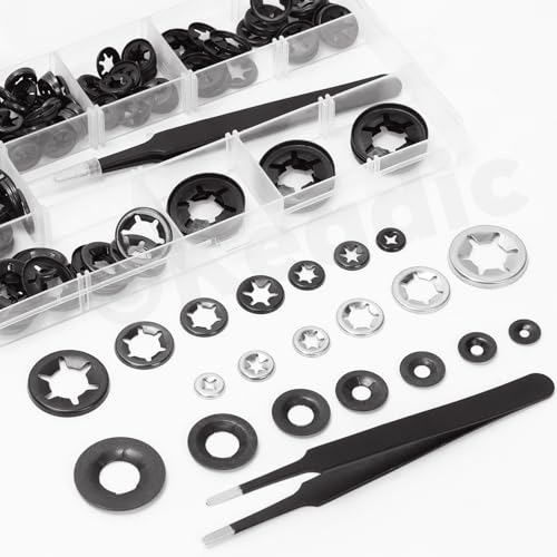 Keadic 211Pcs Dolly Wheel Lock Washers, 65Mn Steel Push On Dolly Wheel Lock Washer, Push Nuts for Dolly Wheel Lock Washers Axle Push Nuts for Automotive M3 M4 M5 M6 M8 M10 M12 NO.3
