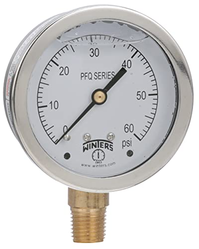 Winters 2-1/2" Dial Size, Liquid Filled Industrial Pressure Gauge, Brass Internals, 304 Stainless Steel Case, Single Scale 0-60 psi, 1.5% Acc, 1/4" NPT Bottom Mount, Glycerin Filled Pressure Gauge 0/60 PSI