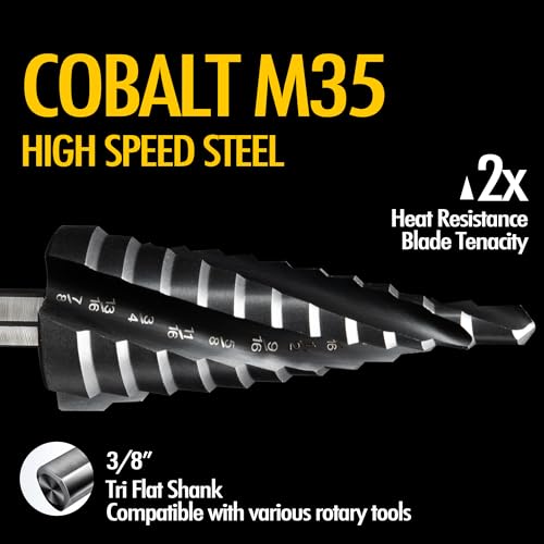 Four Spiral Flute Cobalt Step Drill Bit, 1/4" - 1-3/8" M35 TiAlN Coating Impact Ready Unibit Step Drill Bit, Tri-Flat Shank Shank Step Bit for Metal, Stainless Steel, Aluminum, Plastic 1/4" - 1-3/8"