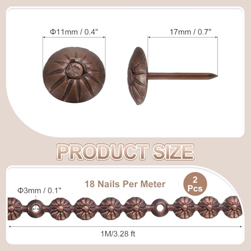 uxcell 2 Pcs Upholstery Tacks Strips, 3.28ft Decorative Nails Strips D11mm Glossy Nail Trims for Furniture Sofa Headboard Chair DIY Crafts with Upholstery Nails, Bronze (Flower)