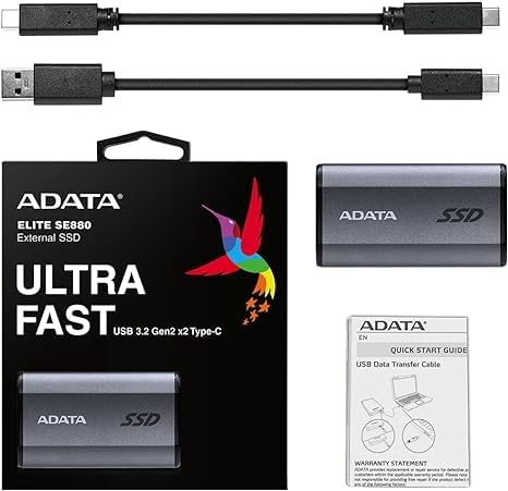 ADATA SE880 1TB - Up to 2000 MB/s- SuperSpeed USB 3.2 Gen 2x2 USB-C External Portable SSD Titanium (AELI-SE880-1TCGY) Gen2x2 2000 MB/s