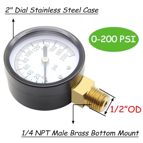 Uenede 0-200PSI Pressure Gauge 1/4" NPT Brass Bottom Mount with Bushing 200PSI(1/4"NPT) Pressure Gauge + Bushing