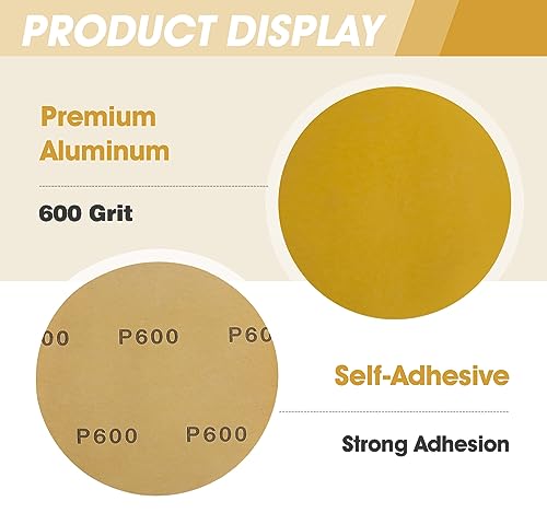 CowboyBOB 100 PCS 6 Inch Gold PSA Sanding Discs 600 Grit Self Adhesive Sticky-Back Sandpaper Roll for DA Sander Automotive Car Paint Woodworking Wood Metal Finishing 100 PCS 600Grit