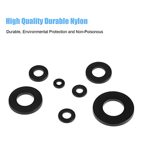 DYWISHKEY 720 Pieces 7 Sizes Black Nylon Flat Washers Assortment Kit (M3 M4 M5 M6 M8 M10 M12)