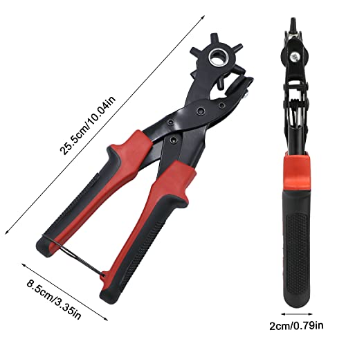 Belt Hole Puncher for Leather Heavy Duty Non-Slip Handle Rotating 6 Heads Professional Punch Tool Revolving Punch Plier Kit (3 Round Holes + 2 Flat Holes + 1 Oval Hole) 3 round holes + 2 flat holes + 1 oval hole