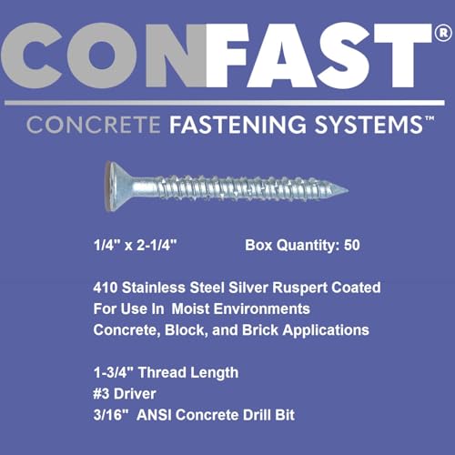 1/4" x 2-1/4" Concrete Screws 410 Stainless Steel Phillips Head Flat 1/4" x 2-1/4"