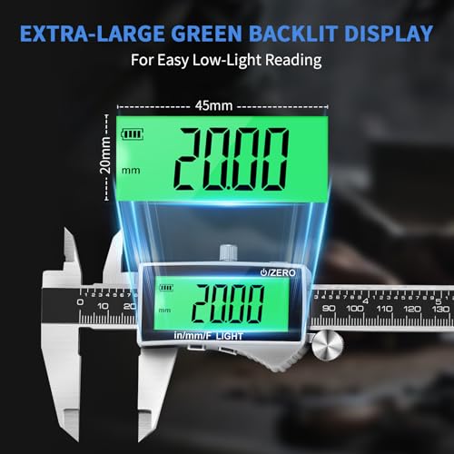 Digital Caliper, Rechargeable Calipers Measuring Tool with Large LCD Backlight Screen, 6 Inch Stainless Steel Vernier Micrometer, Auto-Off, Easy Switch from Inch Metric Fraction for DIY/Household