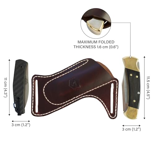 Leather Knife Sheath for Belt (Premium Leather) - Knife Holder for Belt with Side Draw Pocket for Folding Knife and EDC Gear (Extra Dark Brown) by ATQANA®