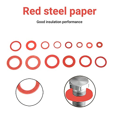 150Pcs Fiber Washer Insulation Flat Washer Assortment, 14 Sizes Red Flat Ring Washers Assortment Kit Steel Paper Sealing Washers Set