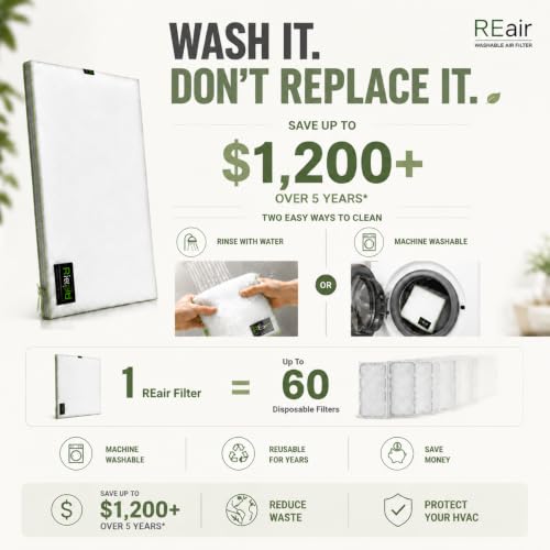 Reair 16x25x1 Air filter, Washable and Reusable Air Filter 16x25x1 for AC HVAC Furnace, MERV 8 Air Filters Machine Washable & Dryer Friendly, AC Furnace Air Filter 25" x 16" x 1" Standar Set(1Filter+1Frame)