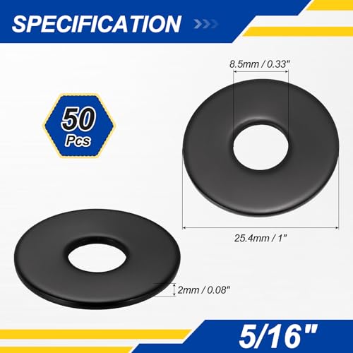 50Pcs Flat Large Fender Washers,304SS 5/16"x1"ODx0.08 Thick Black 5/16"x1"ODx0.08"Thick 50