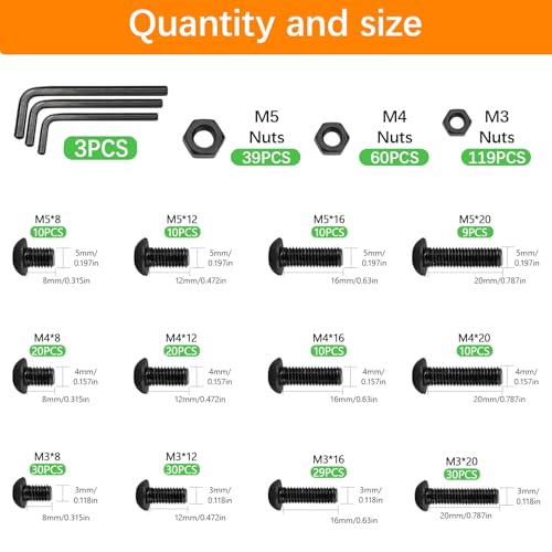 439PCS Metric Bolt and Nut Assortment Kit - M3 M4 M5 Machine Screws with Lock & Flat Washers, Grade 10.9 Alloy Steel Hex Socket Button Head Silver Screw Set for Hardware, 3D Printer, and DIY Projects Black Size: 439Pcs