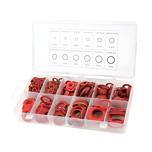 600pcs 12 Sizes Red Steel Paper Fiber Flat Washers Kit, Insulation Washer Assorted Set with Box 600pcs