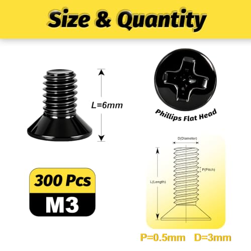 KADRICK M3 x 6mm Countersunk Screws, 300PCS, M3 Flat Head Screws M3x6mm 300PCS