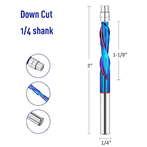 2 PCS Flush Cut Trim Router Bits 1/4 inch Shank Dowm Cut Solide Carbide Flush Trim Bits with Nano Blue Coating by Jiiolioa 2 2 PCS Down Cut Blue Coating