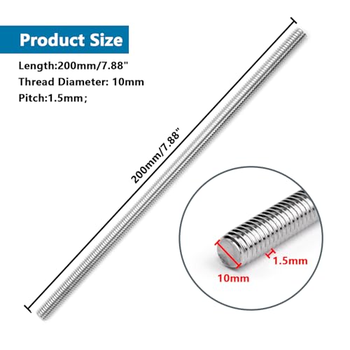 6pcs M10 x 200mm Fully Threaded Rod, 1.5mm Thread Pitch,304 Stainless Steel Right Hand Threads Rods, with Nuts and Flat Washer,for Clamps, Hangers and U-Bolts (M10 x 200mm)