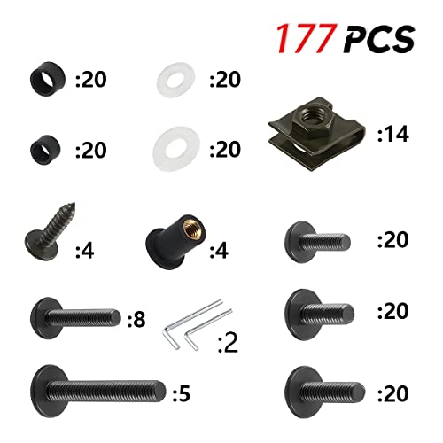 Motorcycle Fairing Bolt Kit, 177pcs M5 M6 Motorcycle Windscreen Screws, Aluminum Fasteners Fairing Bolts Nut Clips Kit, Mounting Kits Washers Nuts Screws Assortment for Sport Bikes (Gold) Gold