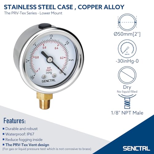 SENCTRL 30inHg Vacuum Pressure Gauge, 1/8" NPT Lower Mount -30inHg-0 Lower Mount (1/8" NPT)