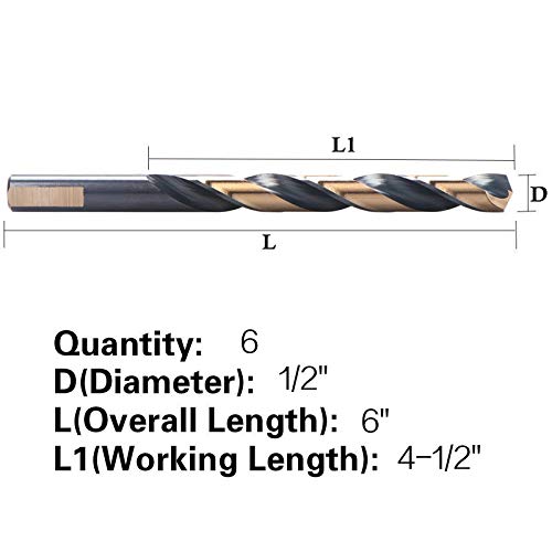 6 PCS,1/2", Black and Gold Twist Drill Bits 1/2 in