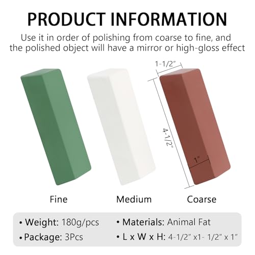 Buffing Polishing Cutting Compounds 20 Oz.Kit-Green Fine/White Medium/Red Coarse,for Stainless Steel Aluminum Jewelry - 3 Pcs