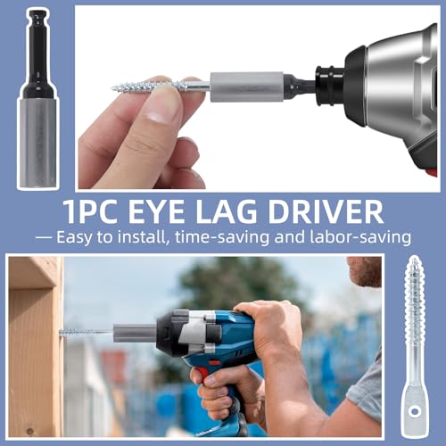100 Pack Eye Lag Screws with 1Pc Eye Lag Driver, 1/4 Inch x 3 Inch Wood Screws, Heavy Duty Cement Concrete Wall Anchors Eye Bolts for Hanging Ceiling Joists 100