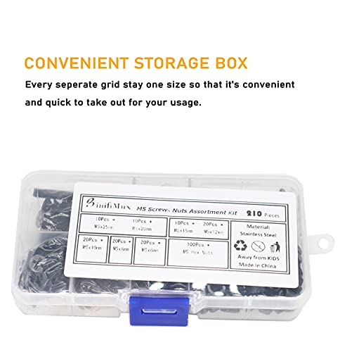210pcs Black M5 Flat Phillips Countersunk Screws Hex Nuts Assortment Kit, M5x6mm/8mm/10mm/12mm/16mm/20mm/25mm,Carbon Steel