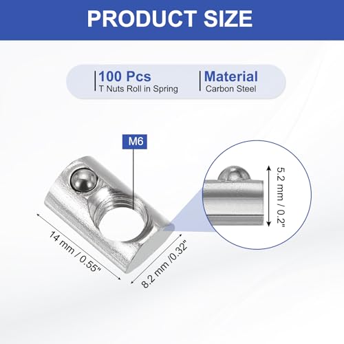 PATIKIL M6 Half Round Roll in Spring t Nuts, 100 Pcs 2020 Series Carbon Steel t Slot Spring Nuts for 6mm Aluminum Extrusion Profile 3D Printer DIY Tools Furniture Assembly, Silver