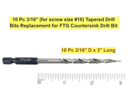 FTG USA 10 Pc 3/16" (#10) Tapered Drill Bits Replacement for Countersink 10-Pc #10 Standard Hex Shank