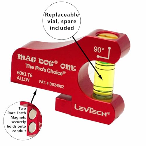 LEVTECH 1-Vial Conduit Bending Level – 90° Magnetic Electrician Tool with 2 Rare Earth Magnets | Replaceable Vial | Compact & Durable Design Mag Dog 1