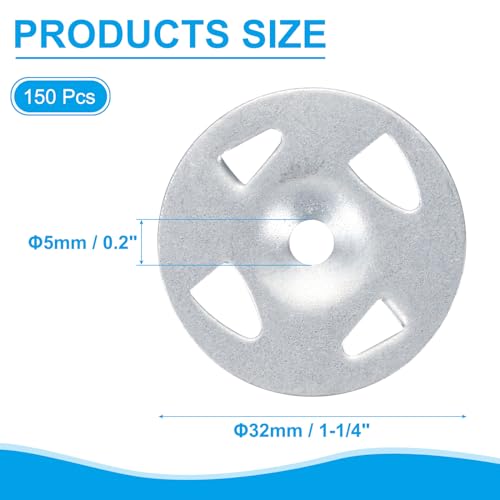 PATIKIL 32mm Insulation Washers, 150pcs Metal Insulation Washers Foam Board Fasteners Perforated Plaster Washers Galvanized Steel 1-1/4in for Foam Board Fixing Fastening Wall Ceiling 150