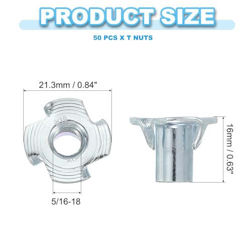 PATIKIL 5/16-18 T-Nuts, 50 Pcs Zinc Plated Steel 4-Pronged Tee Blind Nut 16 mm Length Four-jaw t Nuts Threaded Inserts Hardware for Wood Furniture Cabinetry Rock Climbing Holds 5/16-18x16mm